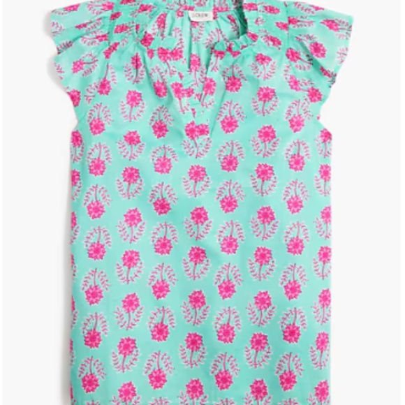 J. Crew Factory Printed flutter-sleeve top Pink & Aqua - Picture 1 of 6